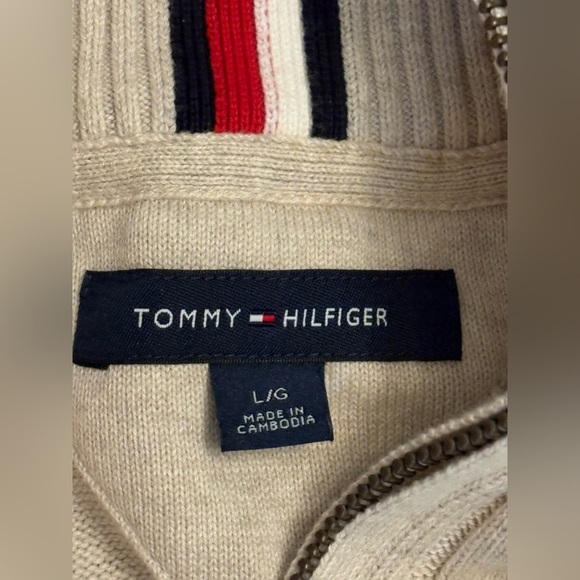 Tommy Hilfiger Cream Tan Cable Knit Pullover Sweater 1/4 Zip Neck Logo Men’s L - Picture 2 of 14